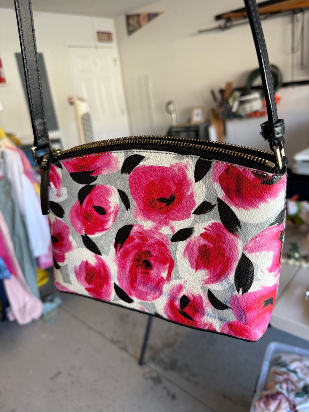 Kate Spade Pink Floral Leather Crossbody with Black Trim - Picture 2 of 4